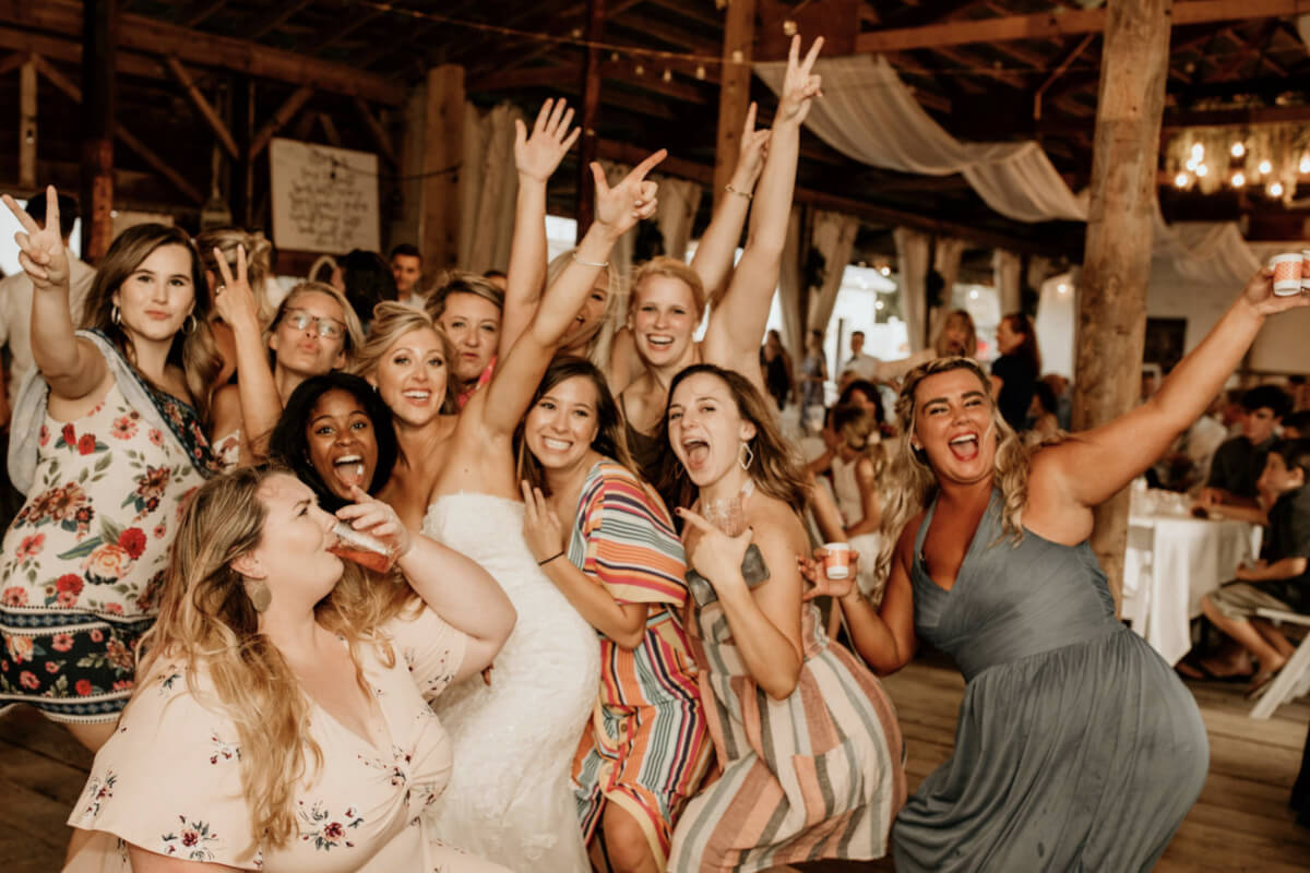 Bride and guests celebrating on the dance floor at a Columbus Ohio wedding reception